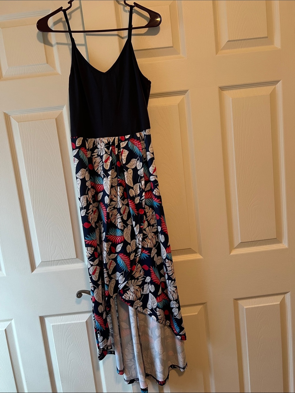 Navy Tank Top Floral High-Low Maxi Dress -Blue, White & Red Leaves, Medium